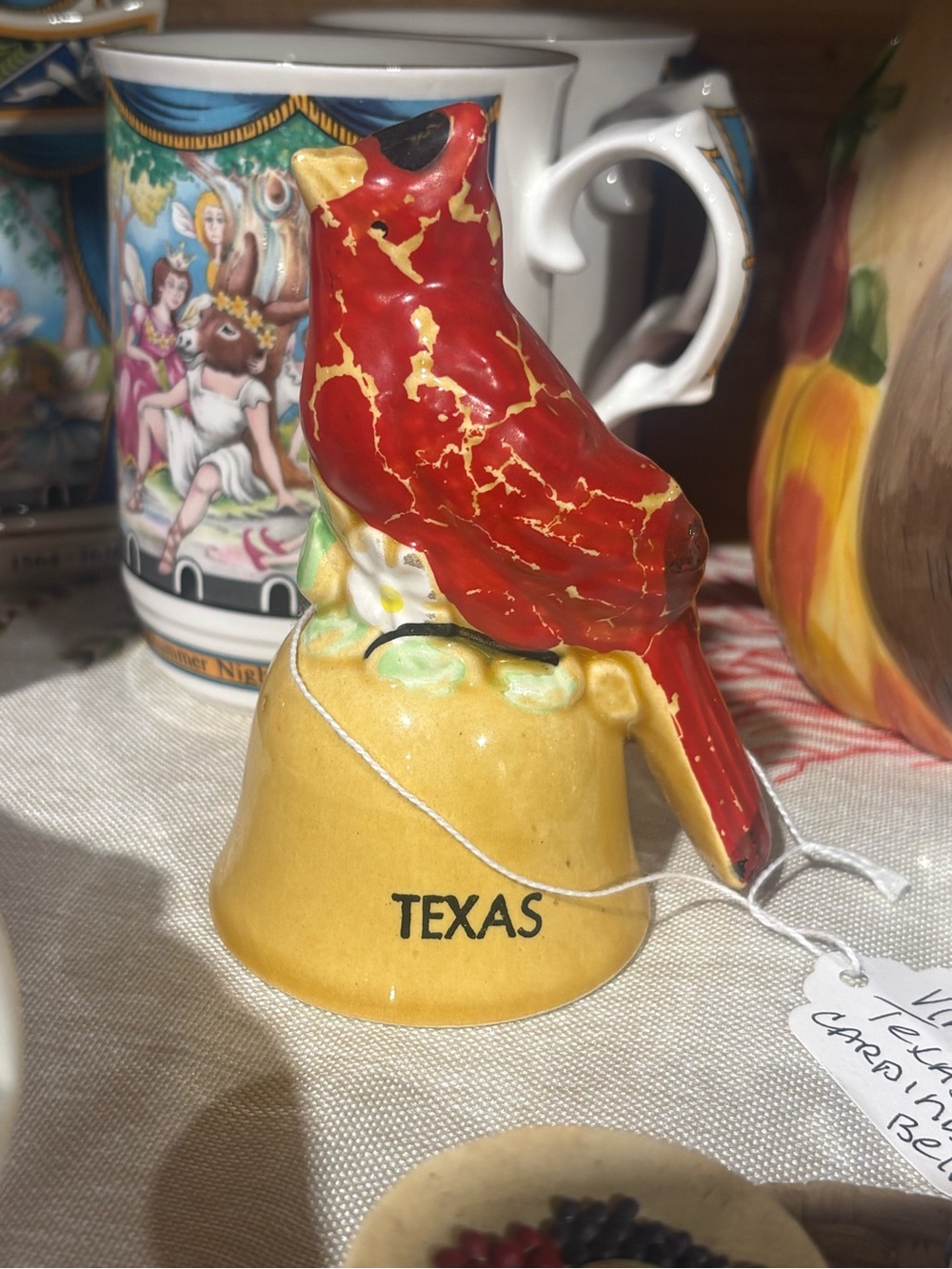 Ceramic Red Cardinal Bell Accent with Yellow Base - Texas